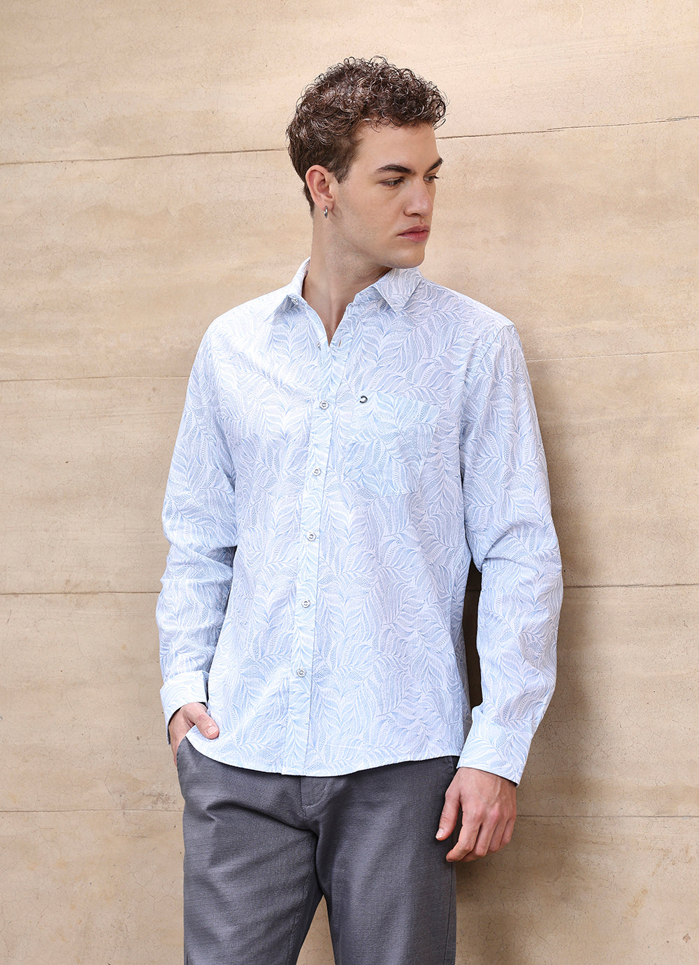 Blue Print Cotton Slim Fit Shirt