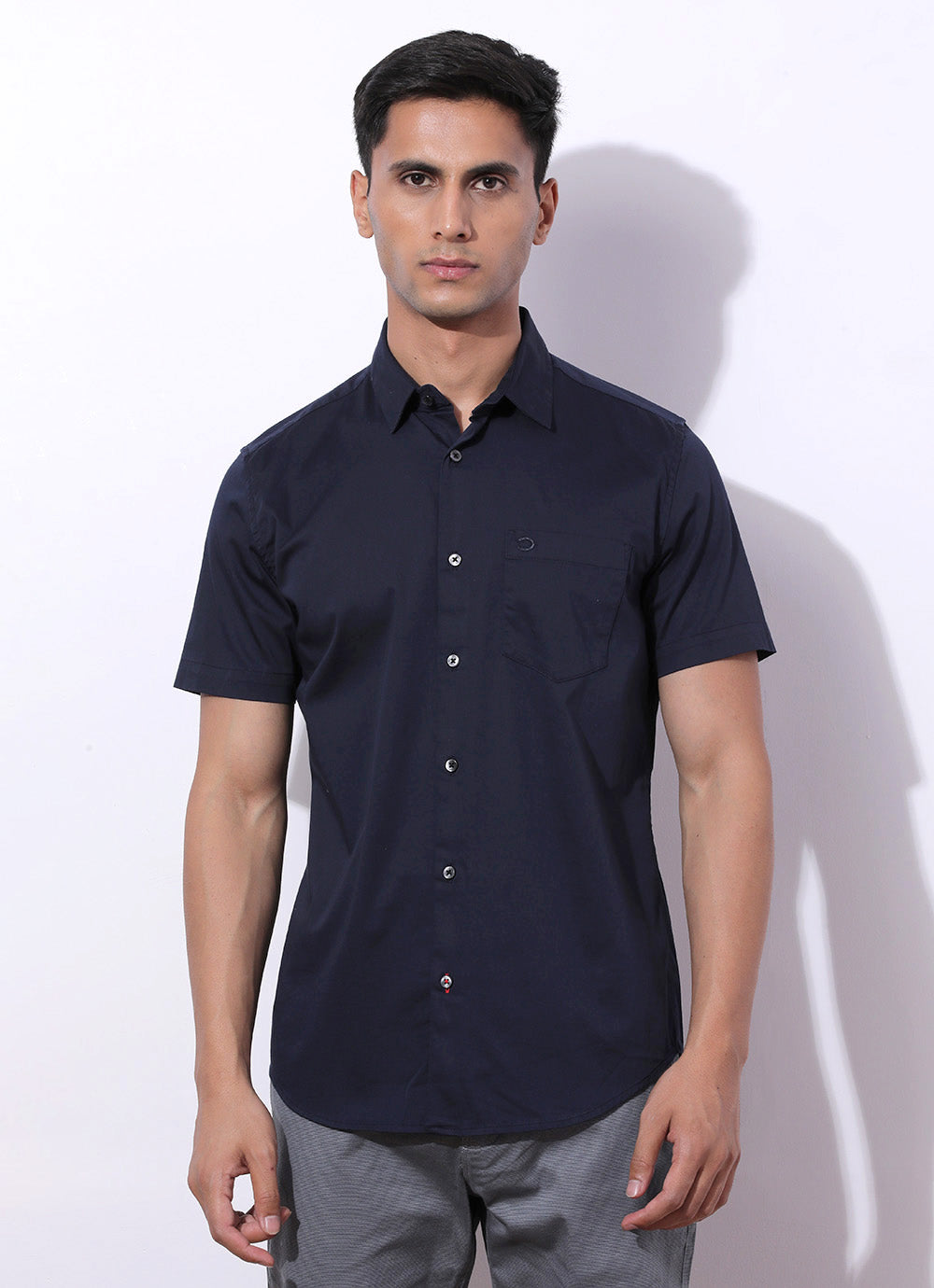 Twilight Navy -  Slim Fit Cotton Shirt With Single Patch Pocket