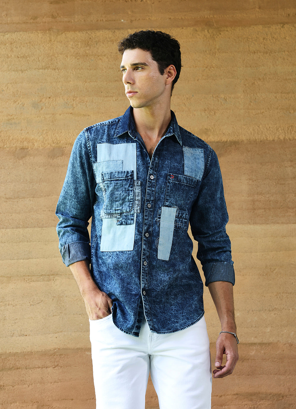 Navy Patch Indigo Denim Slim Fit Shirt