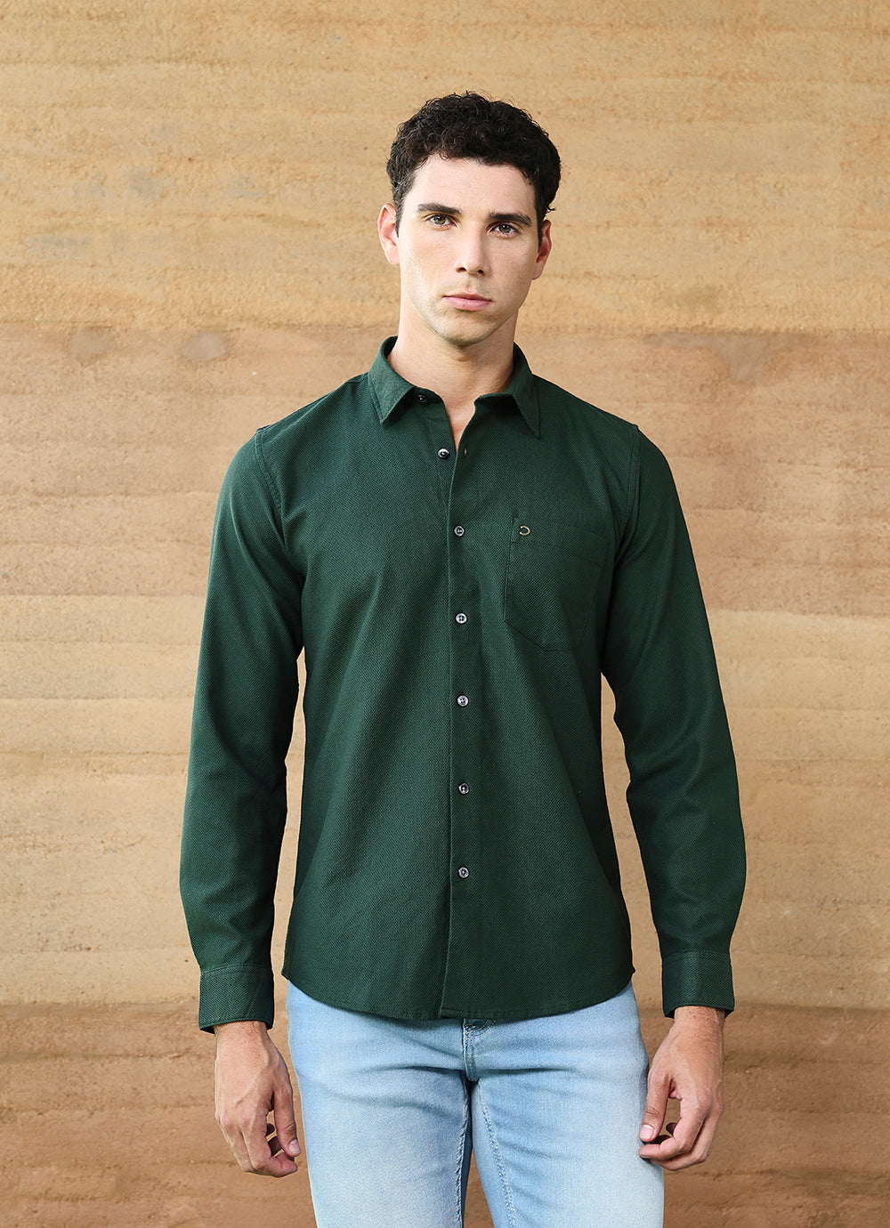 Green Solids Cotton Slim Fit Shirt