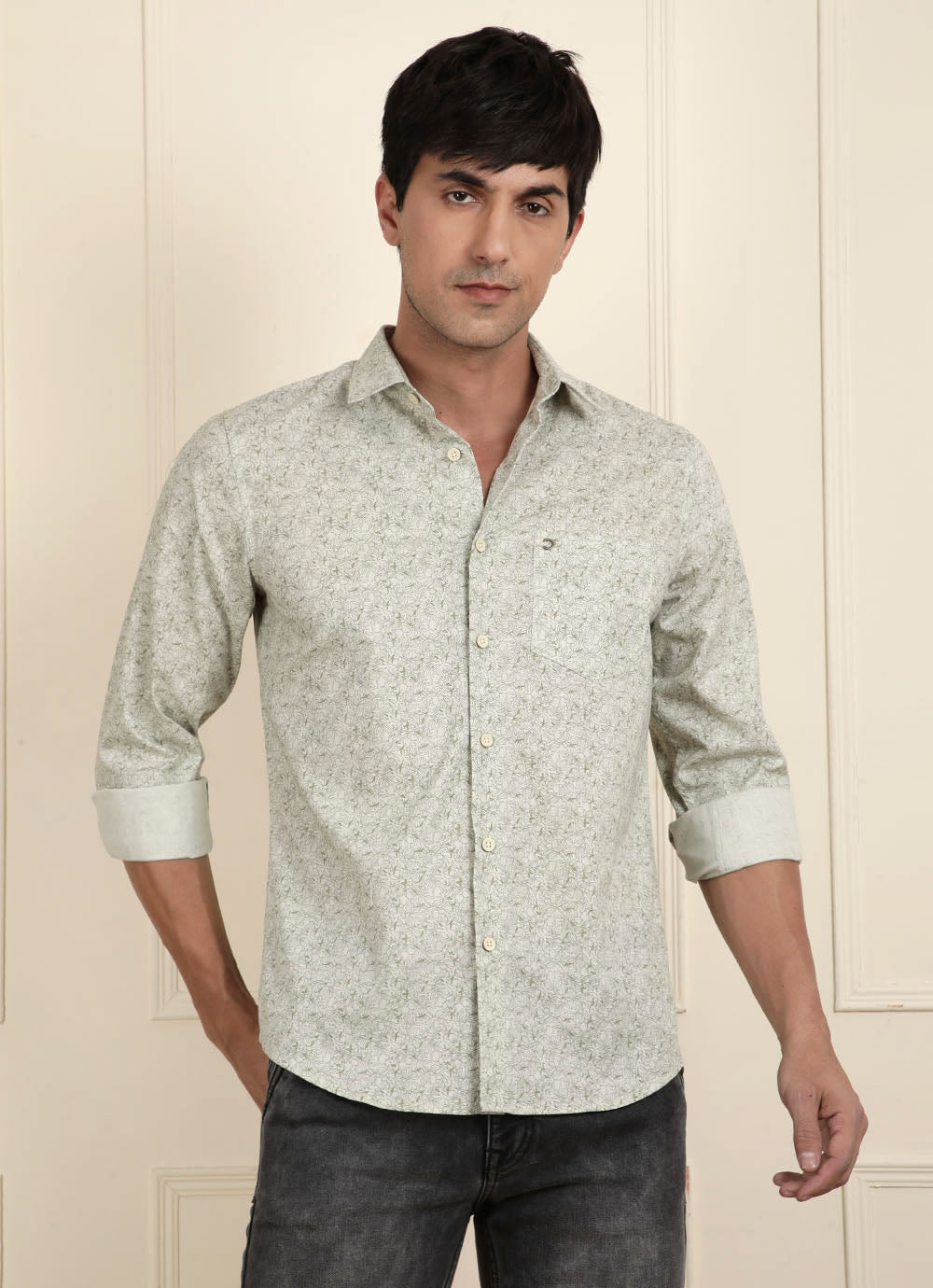 Light Green Print Cotton Slim Fit Shirt