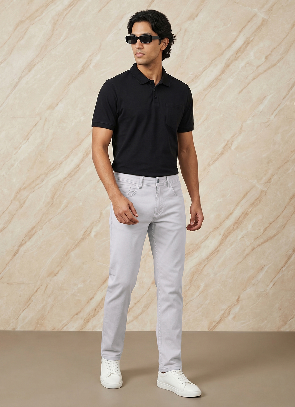 Ecru Cotton Slim Fit Jeans