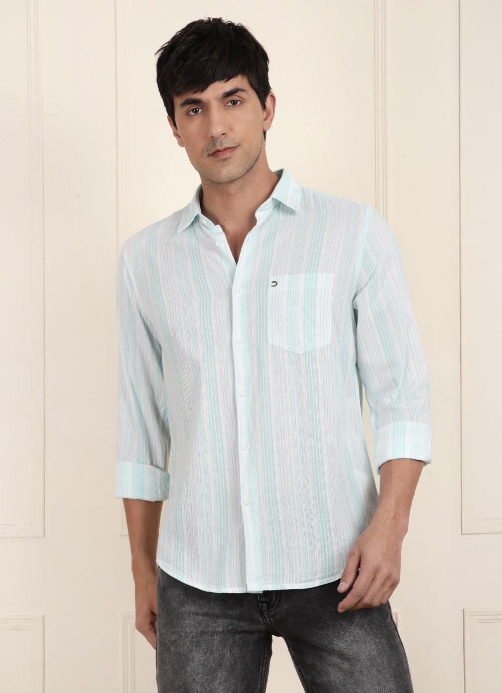 Green Stripe Cotton Slim Fit Shirt