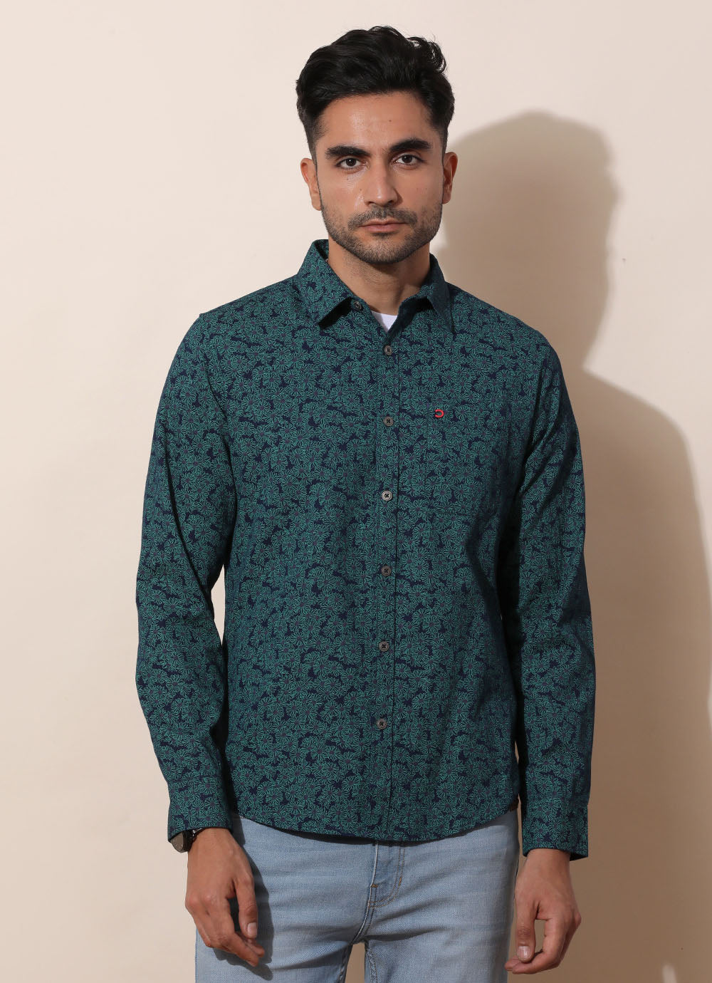 Rique Green -   Slim Fit Denim Printed Shirt With Single Patch Pocket