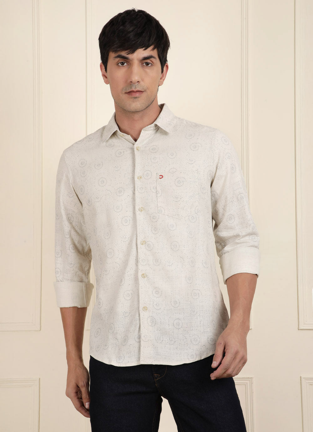 Beige Print Cotton Slim Fit Shirt