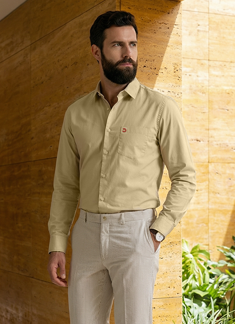 Khaki Cotton Satin Print Slim Fit Full Sleeve Shirt