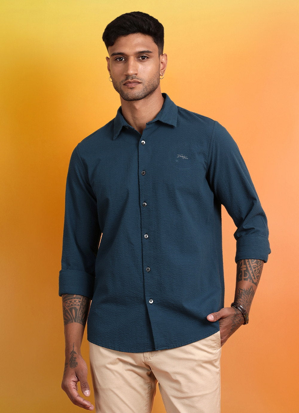 Blue Seersucker Slim Fit Shirt