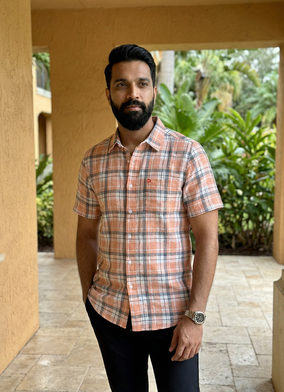 Pink Cotton Dobby Checks Slim Fit Half Sleeve Shirt