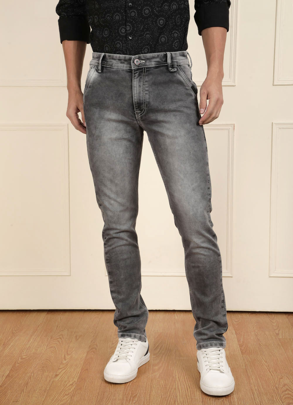 Grey Knitted Slim Fit Faded Jeans