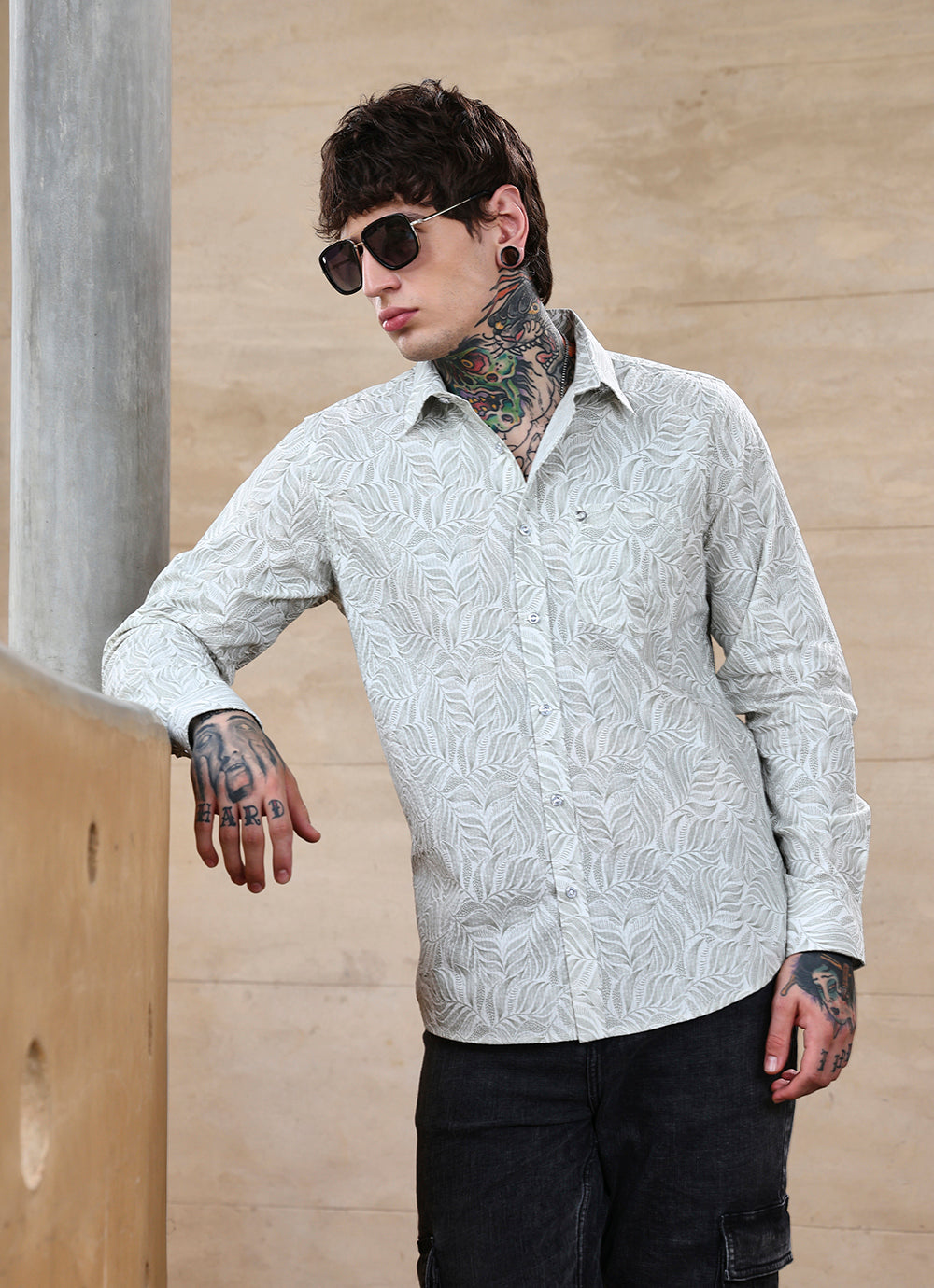 Green Print Cotton Slim Fit Shirt