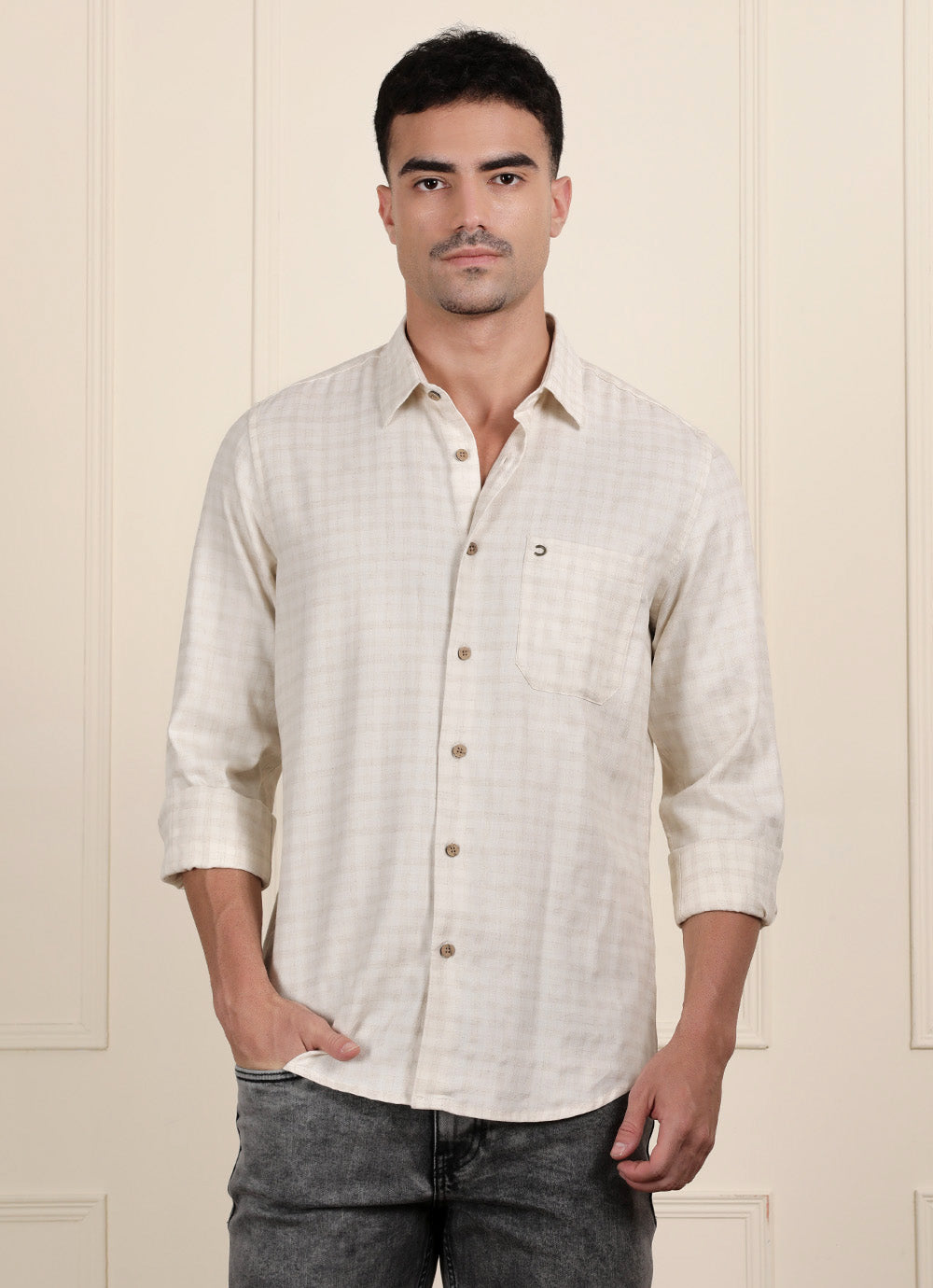 Beige Check Cotton Slim Fit Shirt