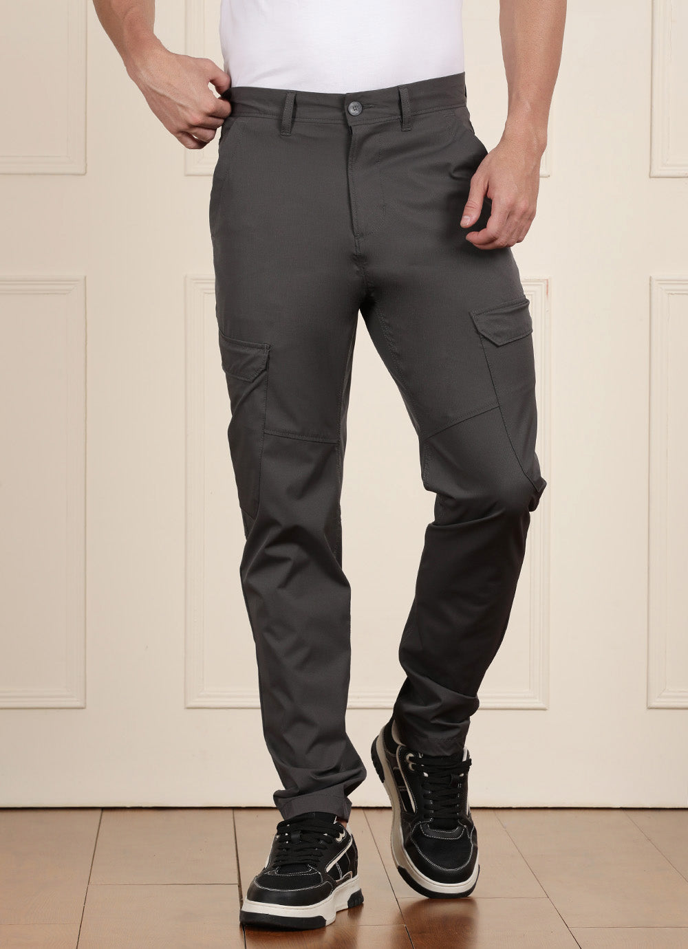 Grey Solid Slim Fit Cargo