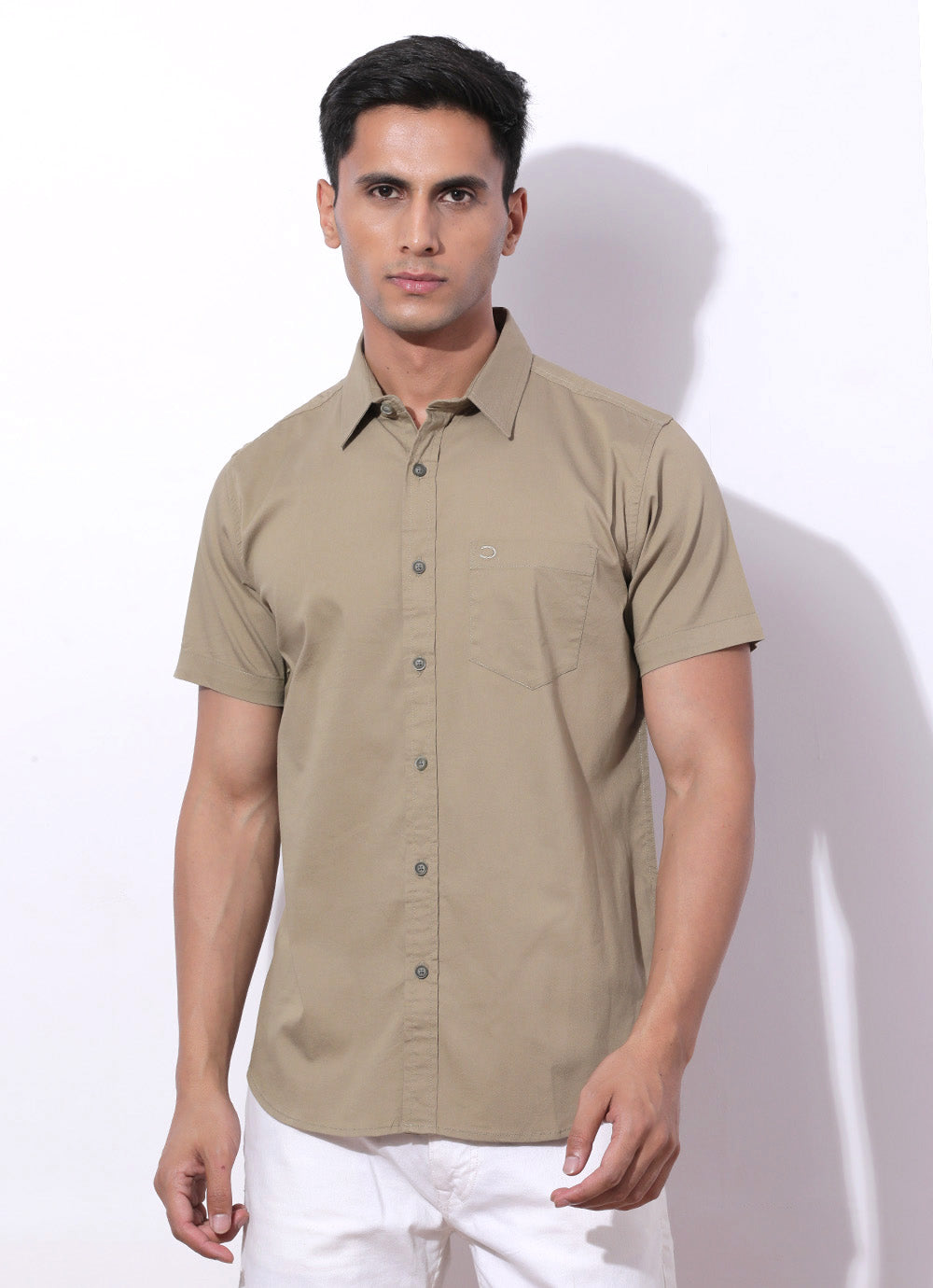 K-Mod Khaki- A Slim Fit Cotton Shirt With Single Patch Pocket.