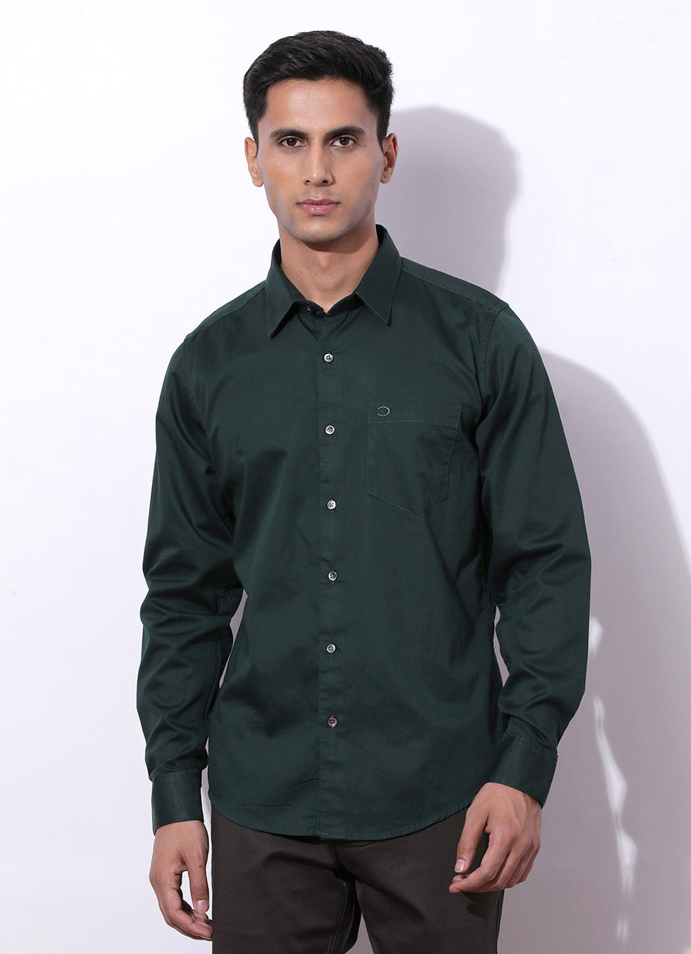 Edgy Green -  Slim Fit Cotton Shirt With Single Patch Pocket.