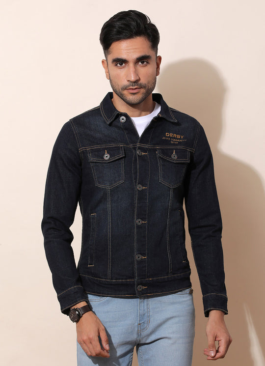 Edgy Navy Queen Denim Jacket Adorned With Dual Pockets .