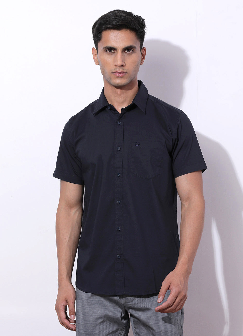 Blue Solid Cotton Blend Slim Fit Shirt