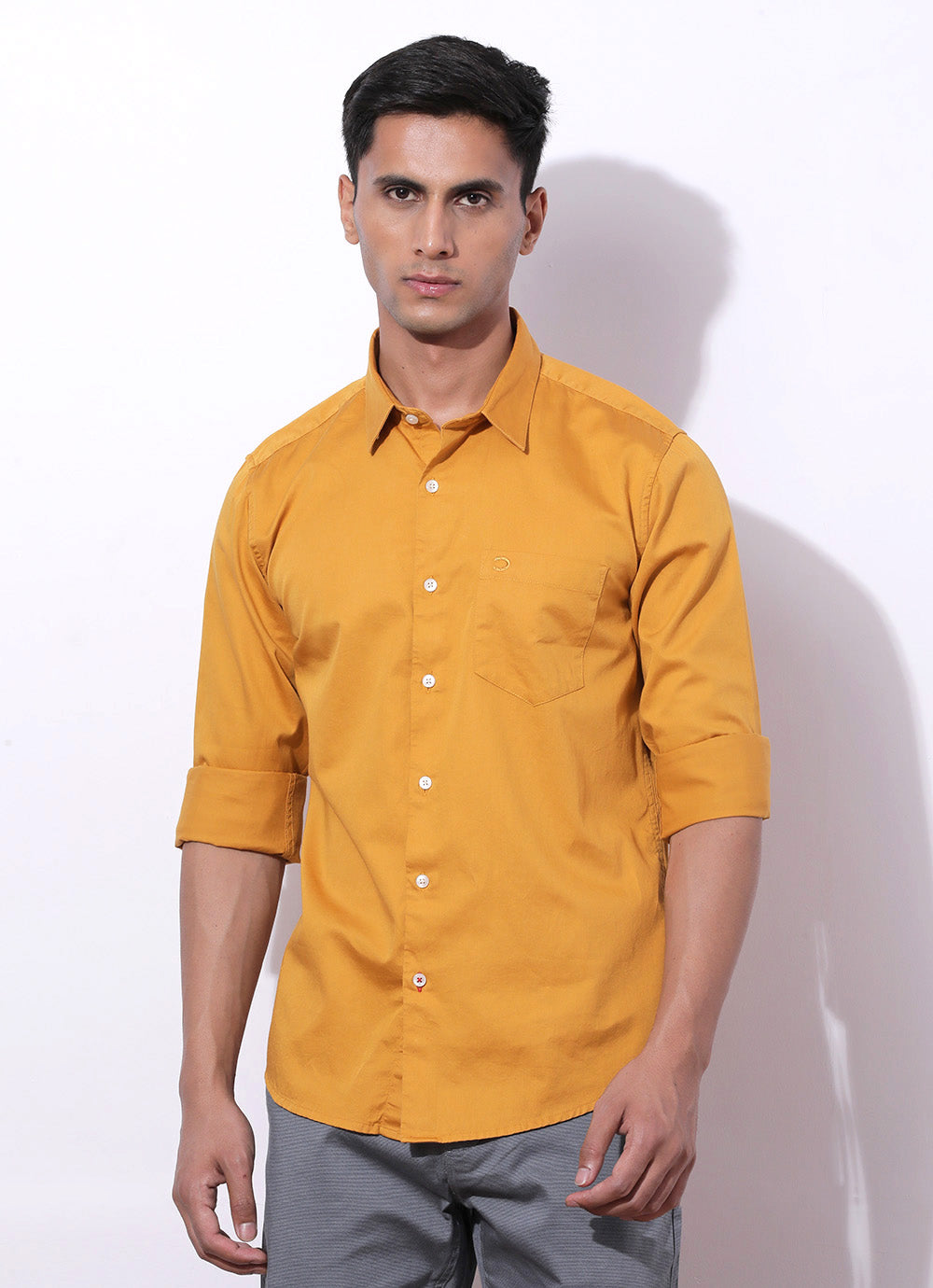 Cal Mustard - Slim Fit Cotton Shirt With Single Patch Pocket.