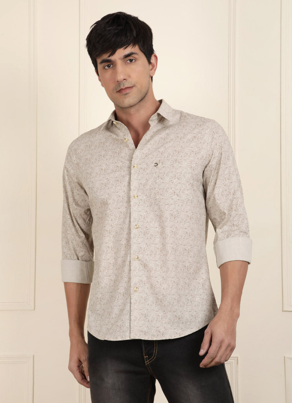Brown Print Cotton Slim Fit Shirt