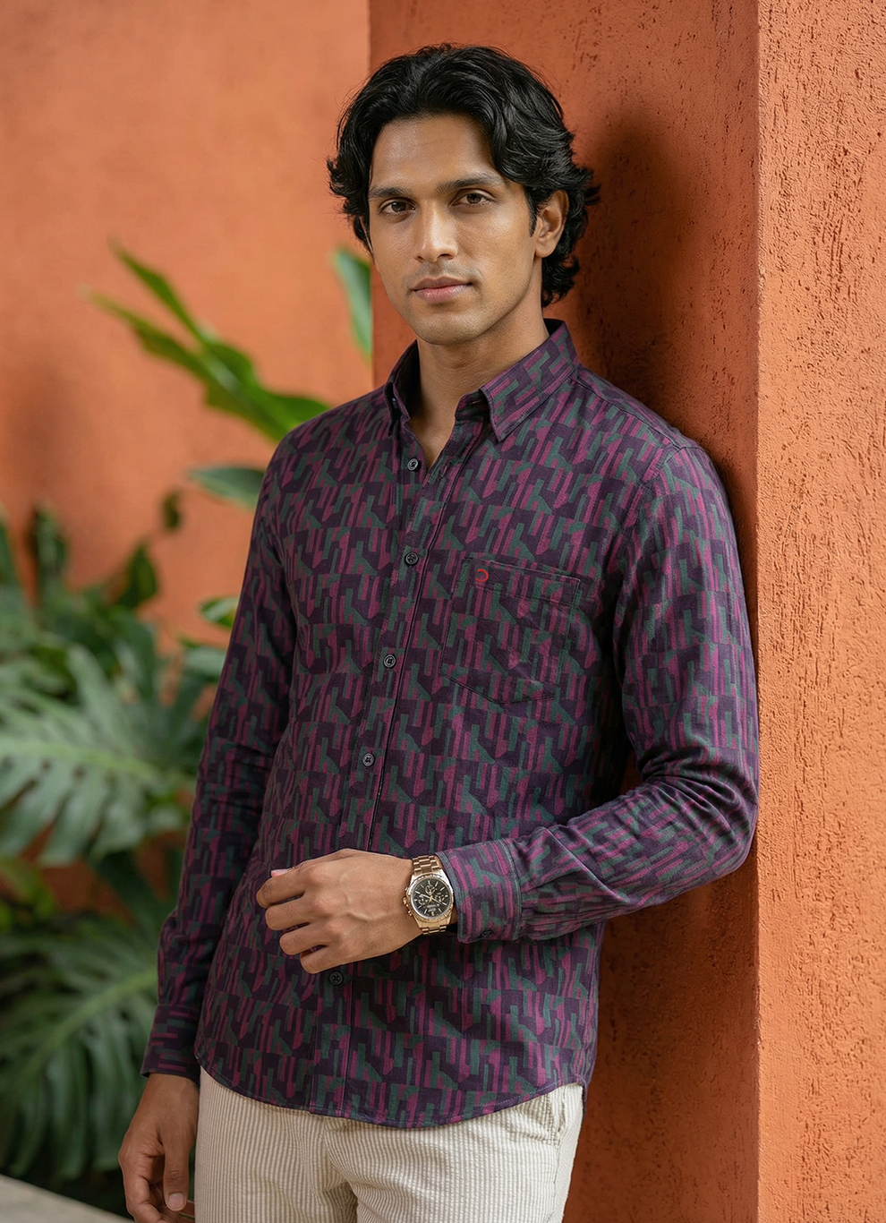 Green Cotton Print Slim Fit Full Sleeve Shirt