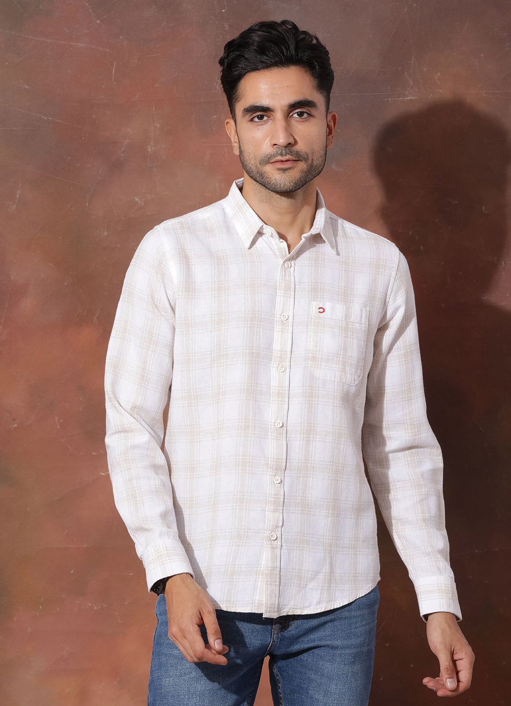 Pire Cream -  Slim Fit Checked Shirt With Single Patch Pocket