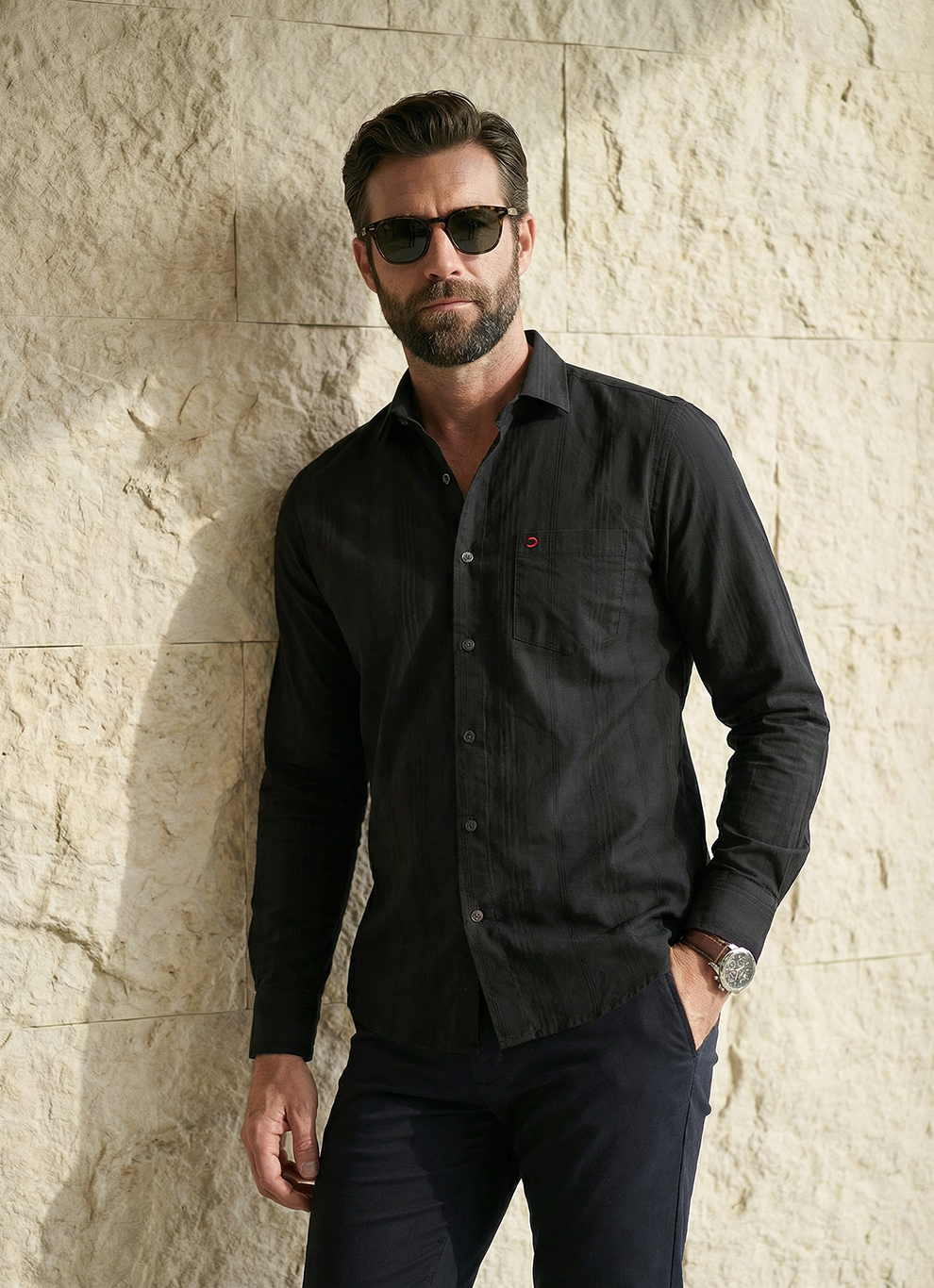 Black Cotton Slim Fit Full Sleeve Shirt