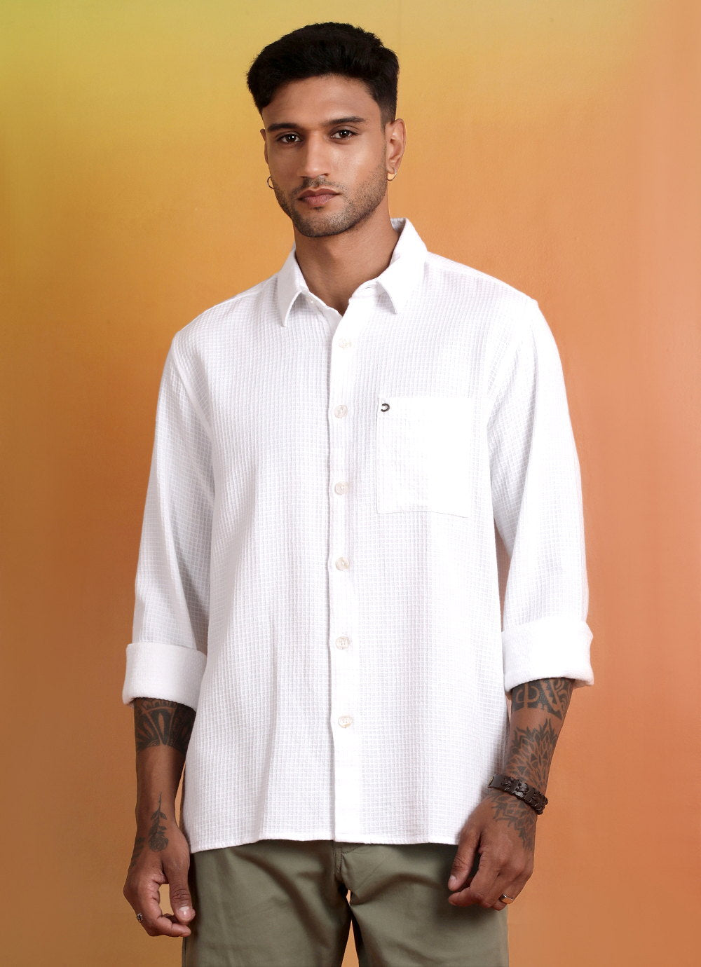 White Solid Waffle Slim Fit Shirt