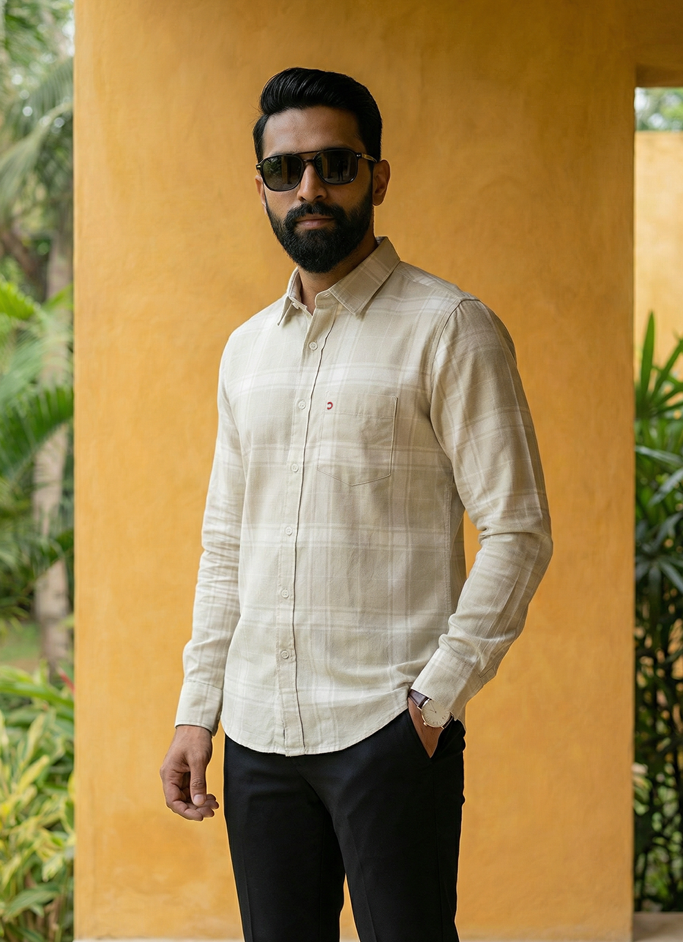 Beige Cotton Checks Slim Fit Full Sleeve Shirt