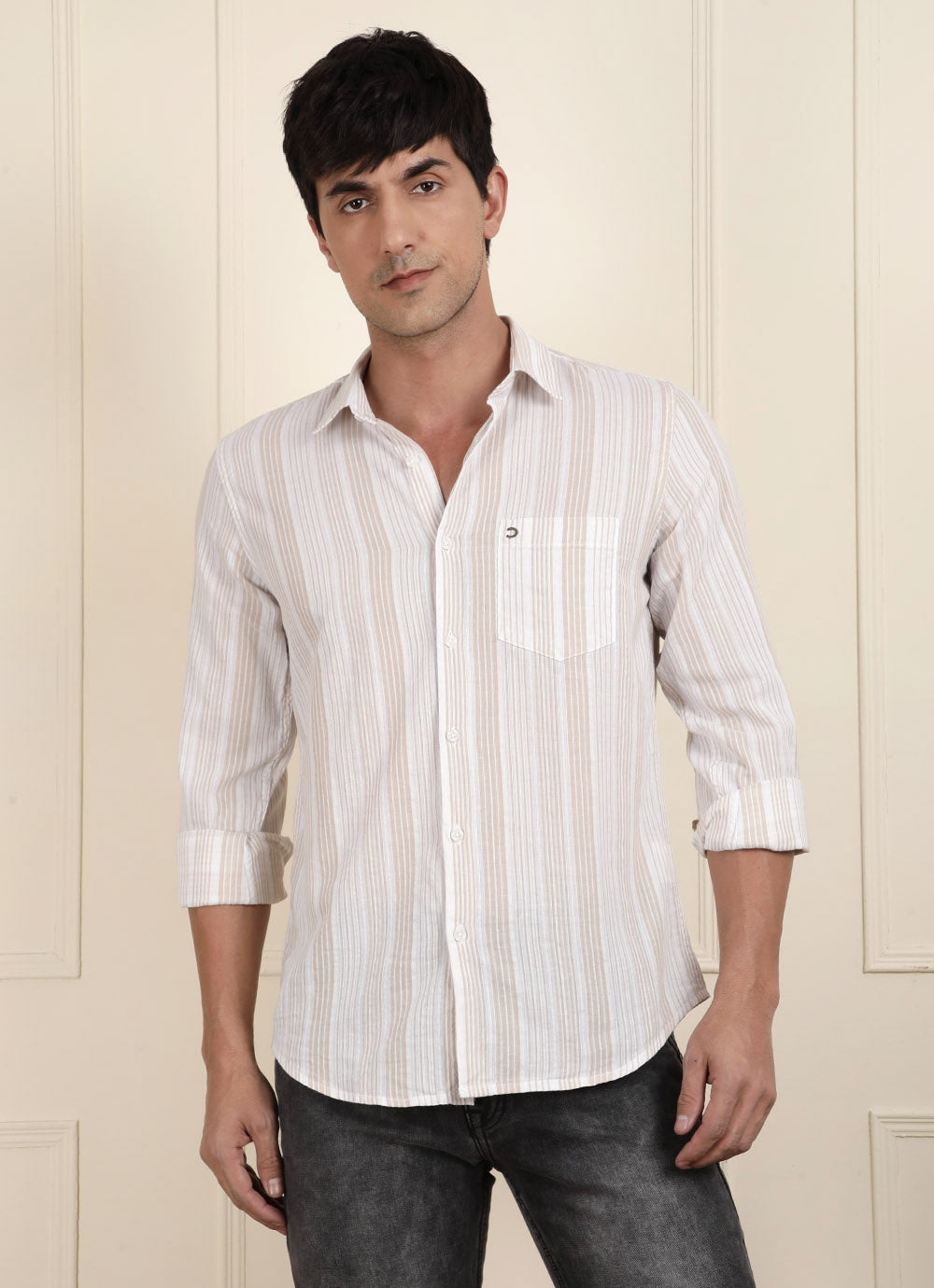 Beige Stripe Cotton Slim Fit Shirt