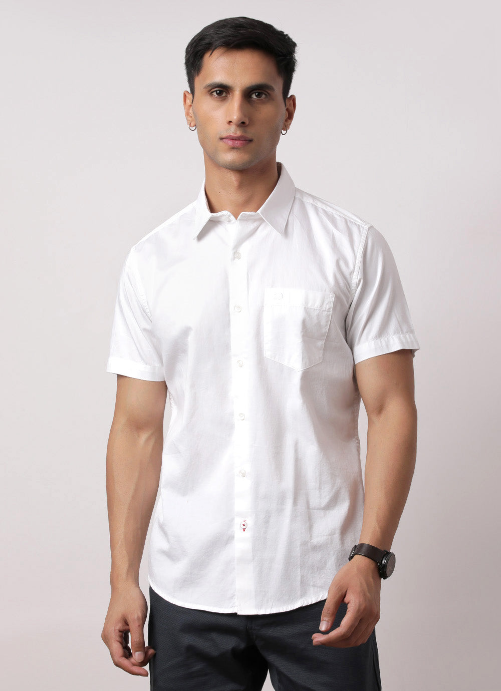 Preppy White - Slim Fit Cotton Shirt With Single Patch Pocket.