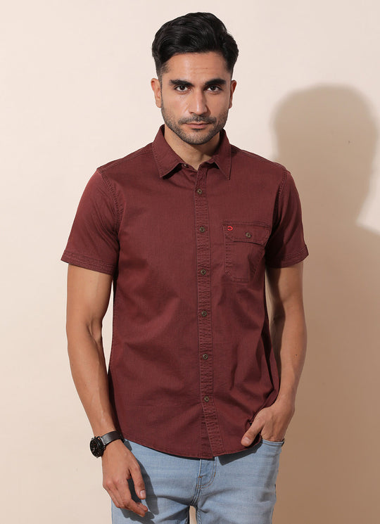 Wick Red Solid Colour Denim Slim Fit Shirt