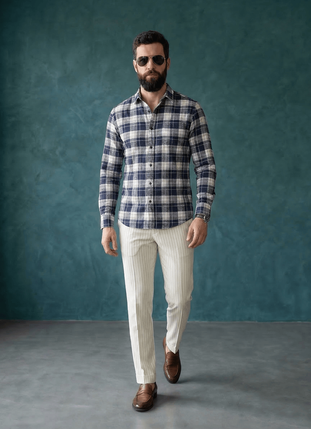 Navy Cotton Checks Slim Fit Full Sleeve Shirt