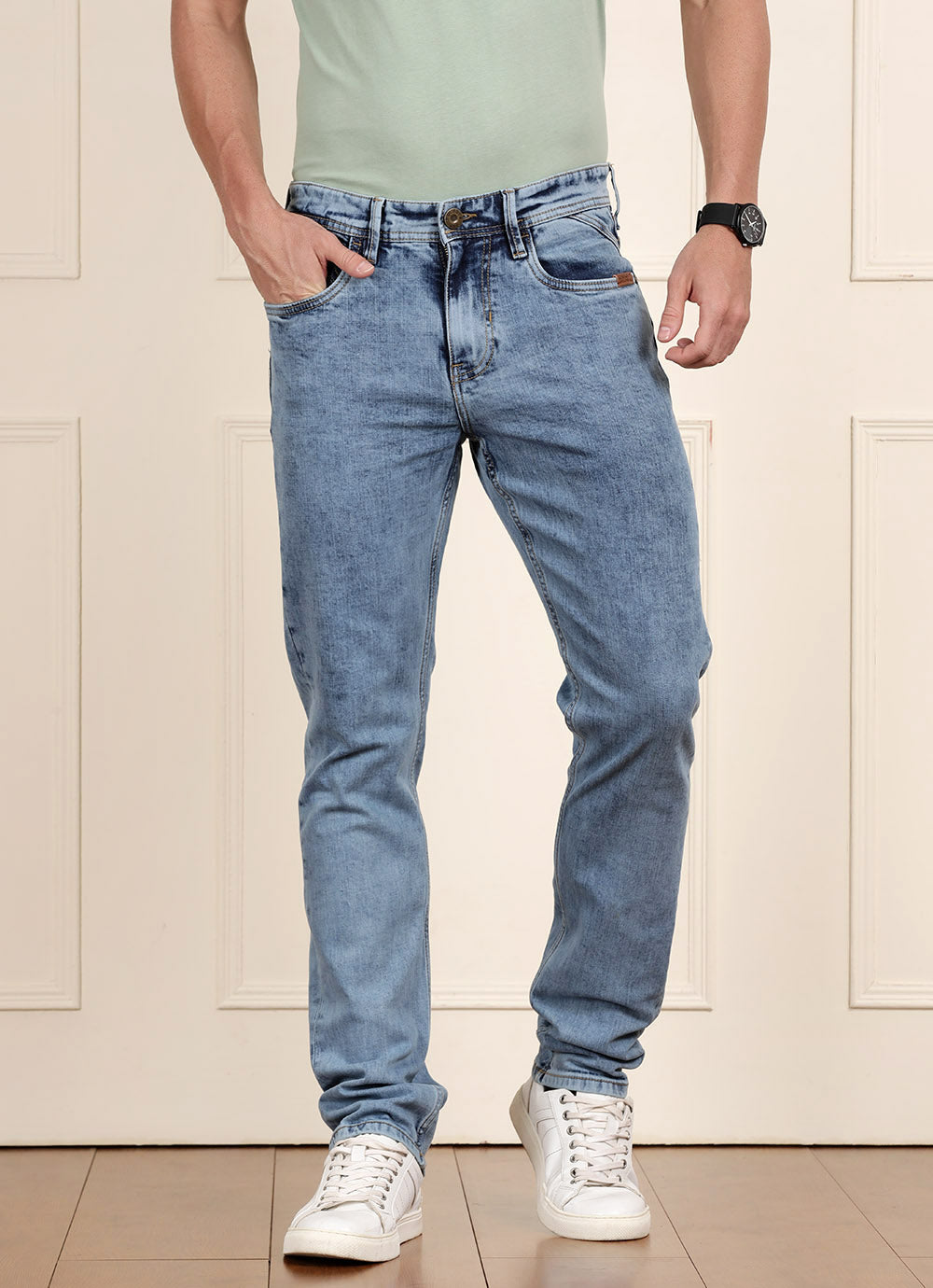 Blue Twill Relaxed Fit Faded Jeans