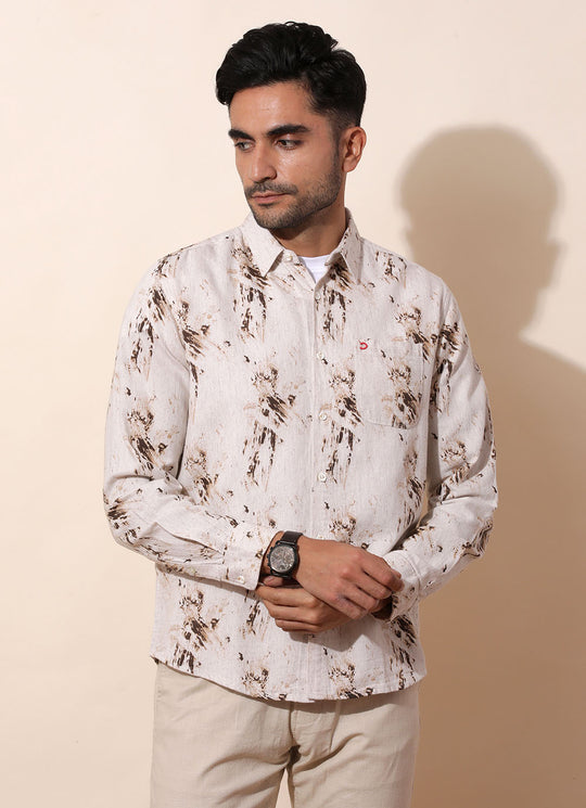 Brown Cotton Linen Print  Slim Fit Shirt with Single Patch Pocket