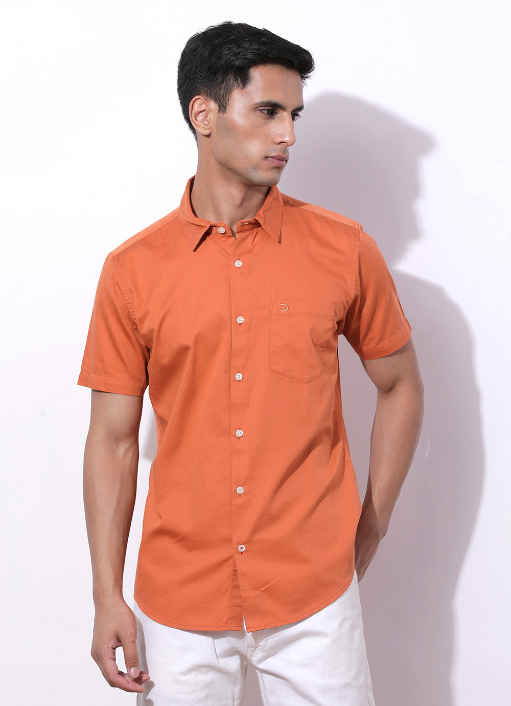 Burnt Orange -  Slim Fit Cotton Shirt With Single Patch Pocket