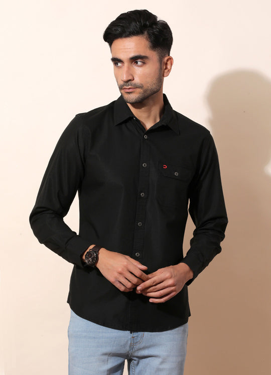 Albury Black- Slim Fit Denim Shirt With Single Patch Pocket