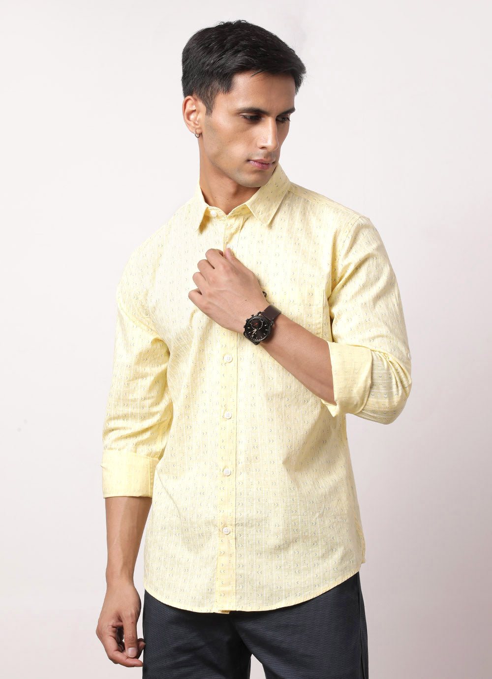Cheerful Yellow -Printed Cotton Slim Fit Shirt
