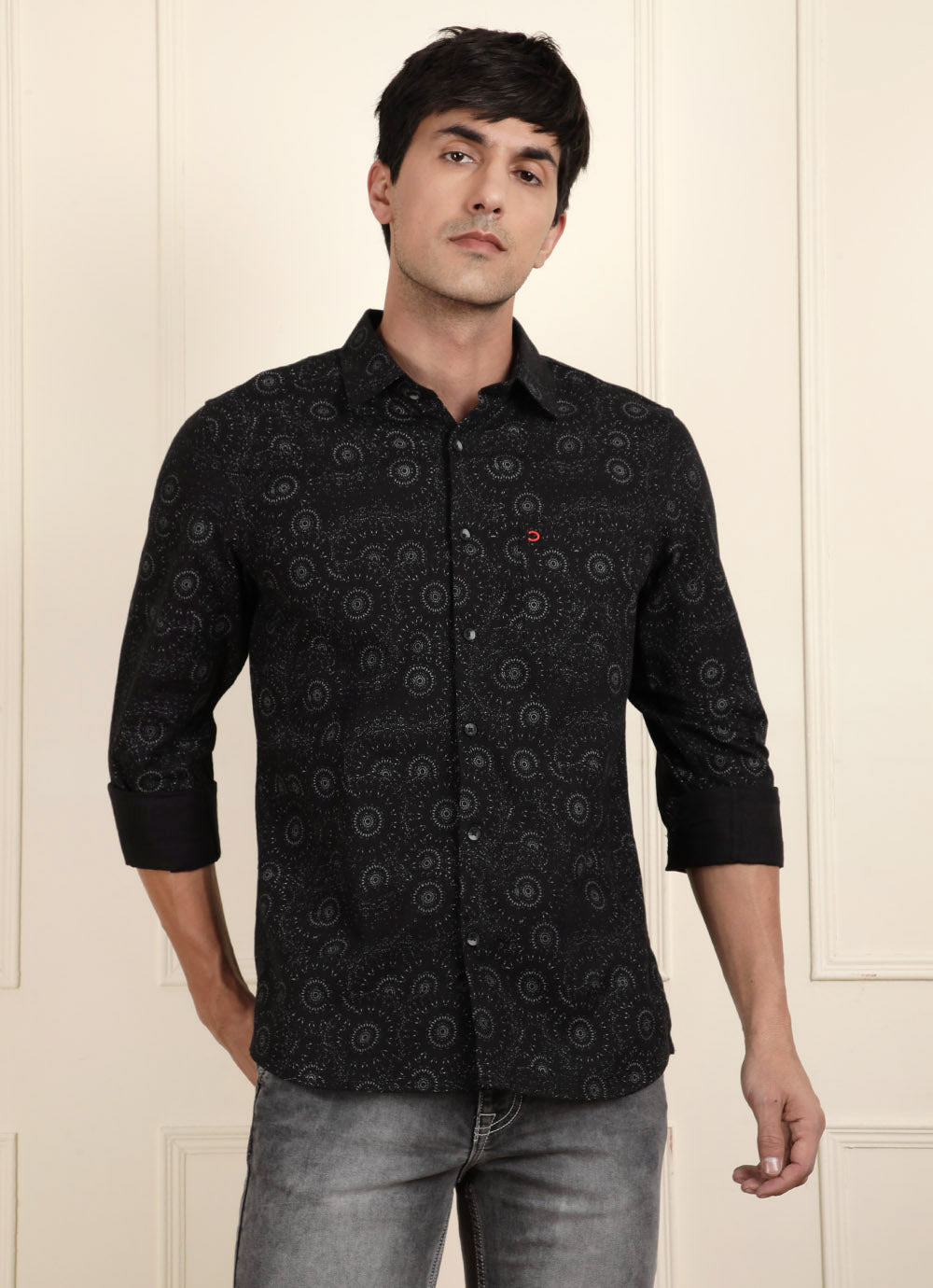 Black Print Cotton Slim Fit Shirt