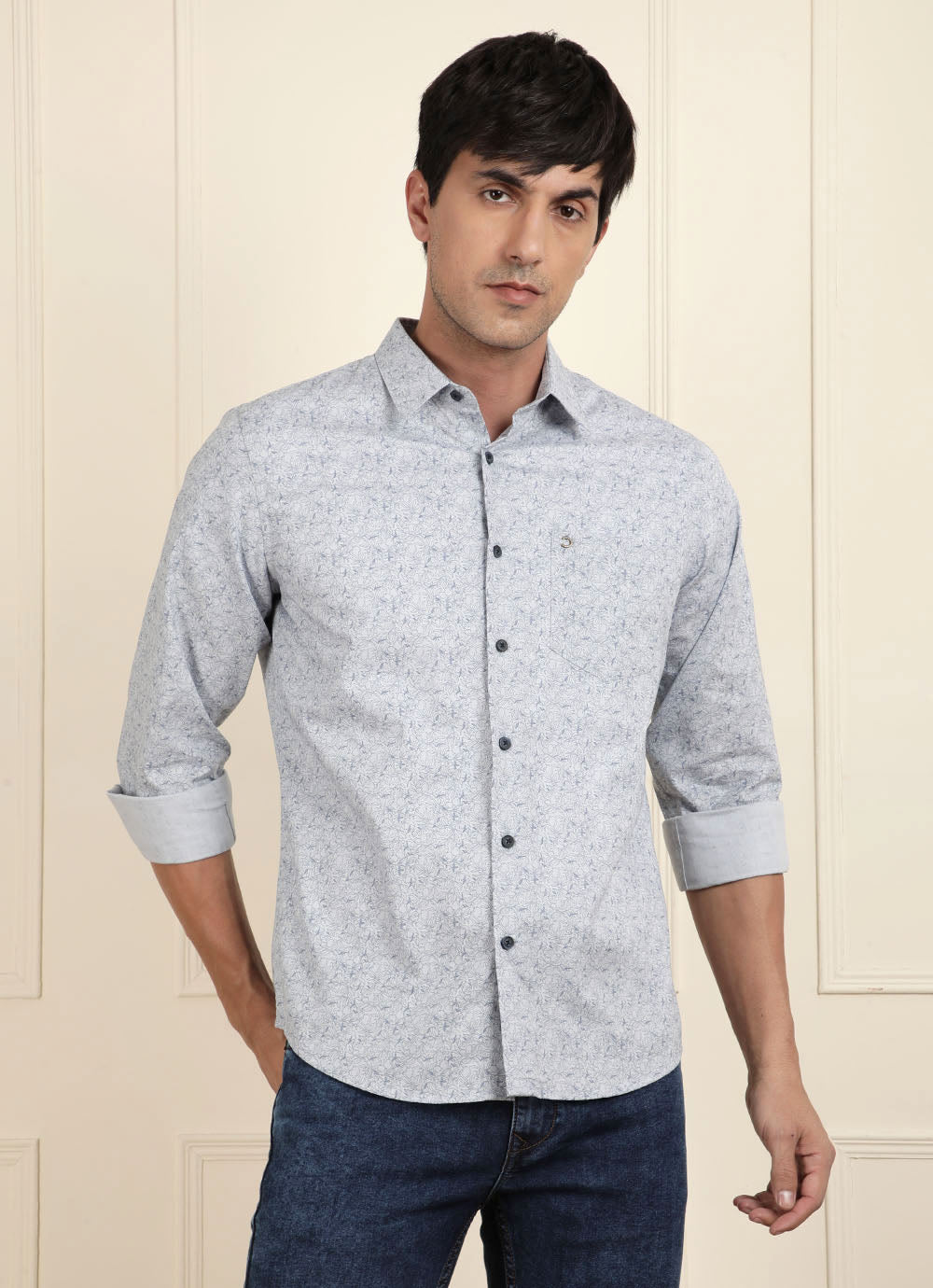 Light Blue Print Cotton Slim Fit Shirt