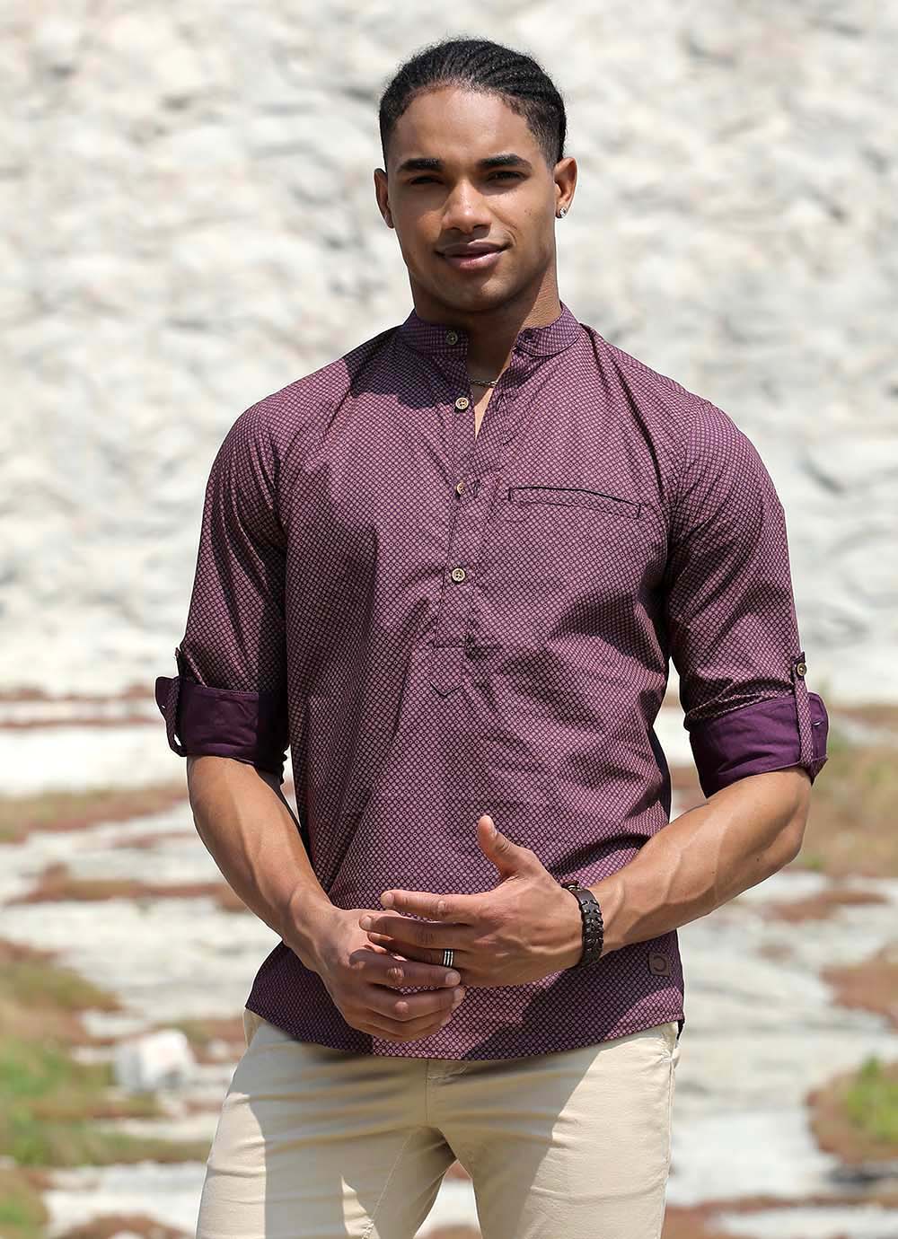 Maroon Print Cotton Slim Fit Shirt