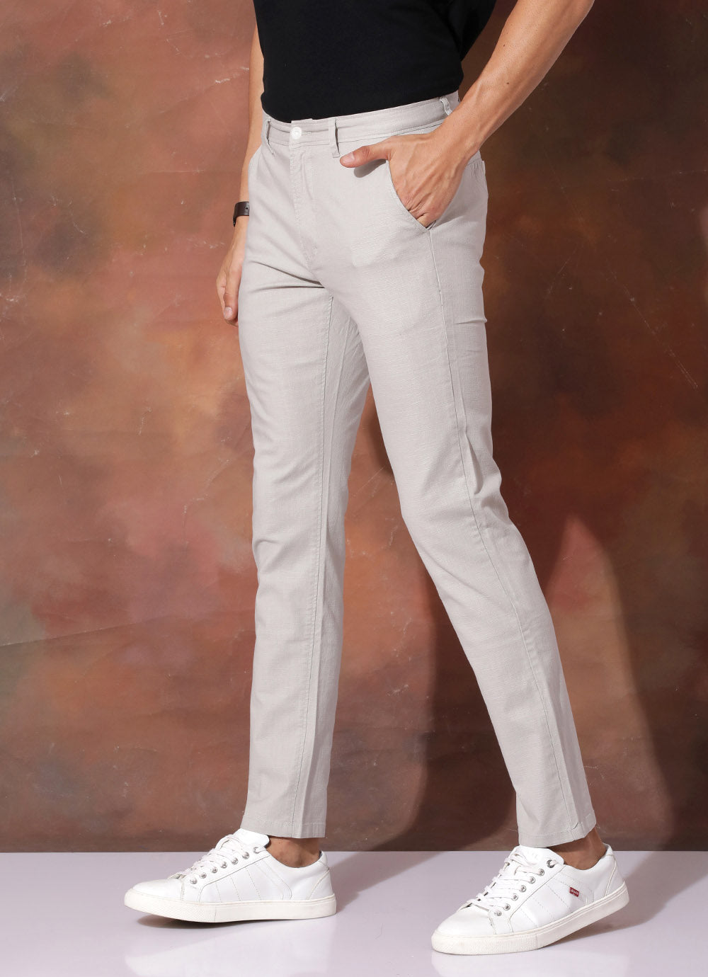 Grey Solid Slim Fit Slub Cotton Trouser