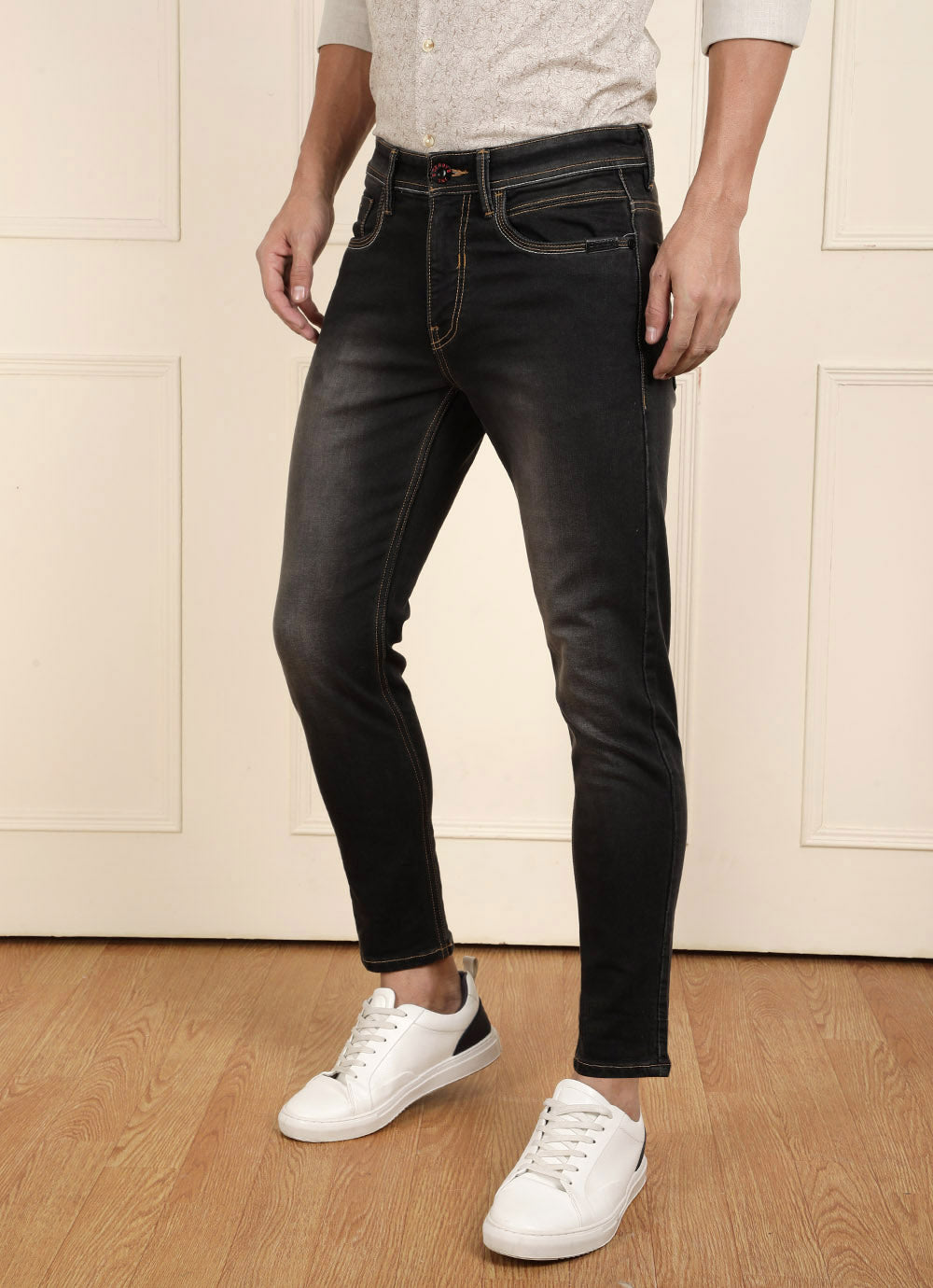 Black Knitted Crop Fit Faded Jeans