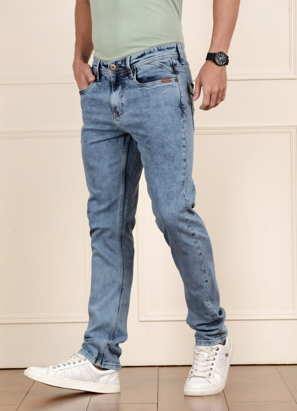Blue Twill Relaxed Fit Faded Jeans