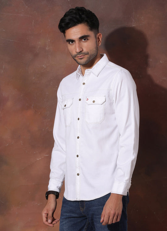 Statement White -  Slim Fit Denim Shirt Featuring Dual Pocket
