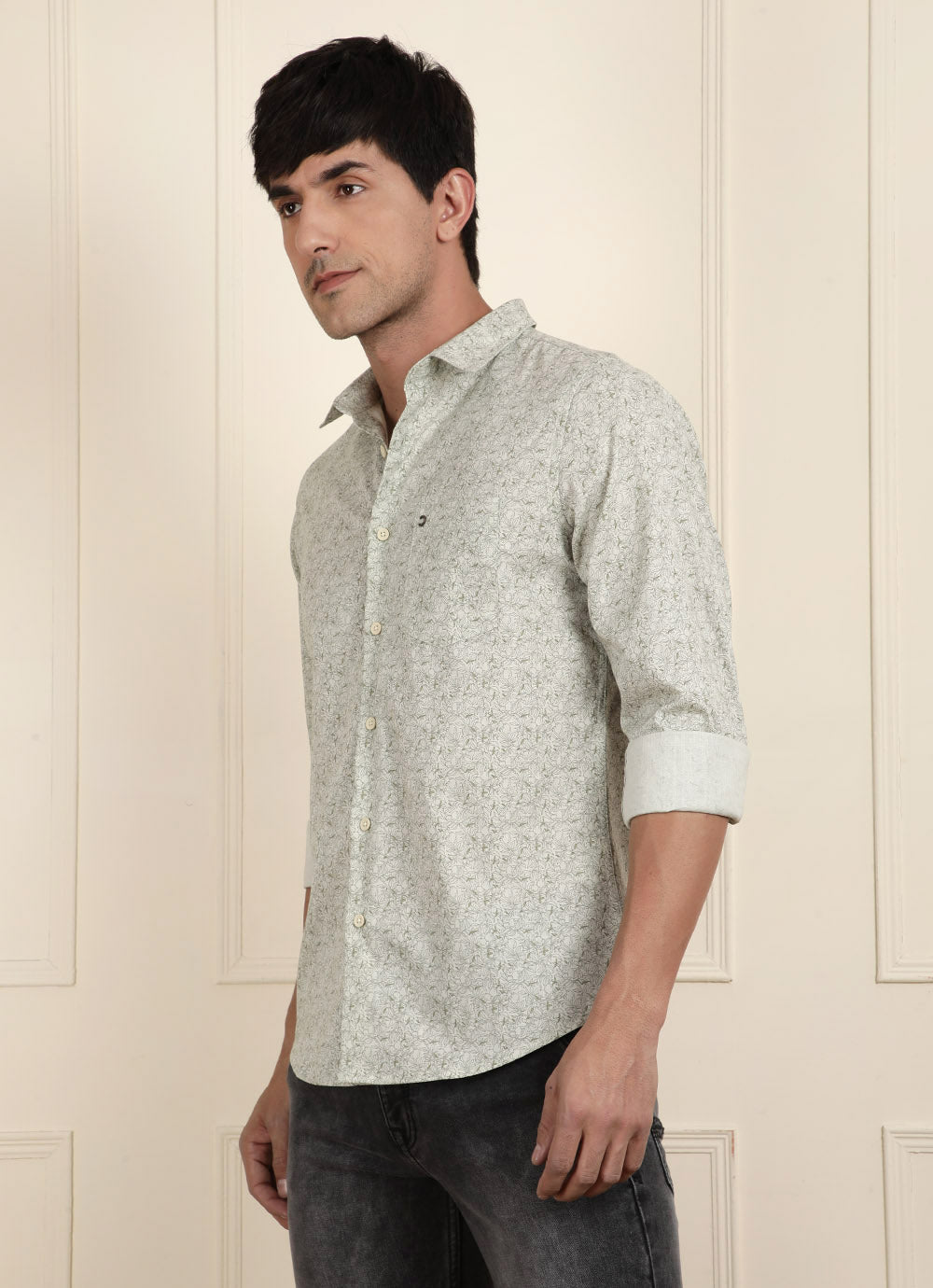 Light Green Print Cotton Slim Fit Shirt