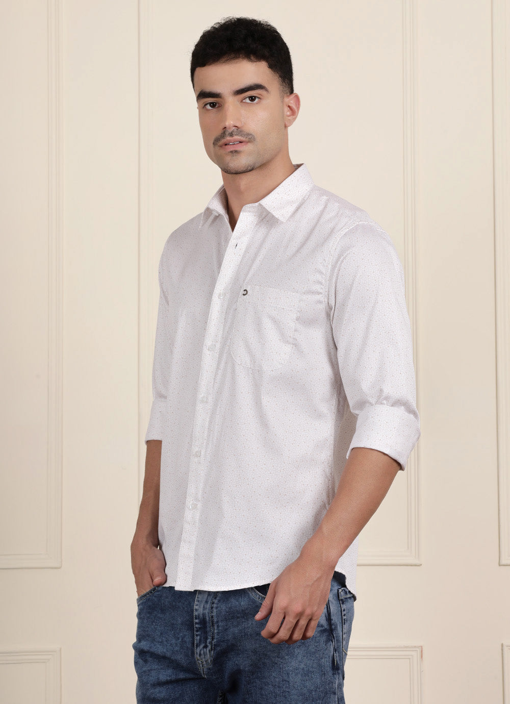 Yellow Print Cotton Slim Fit Shirt