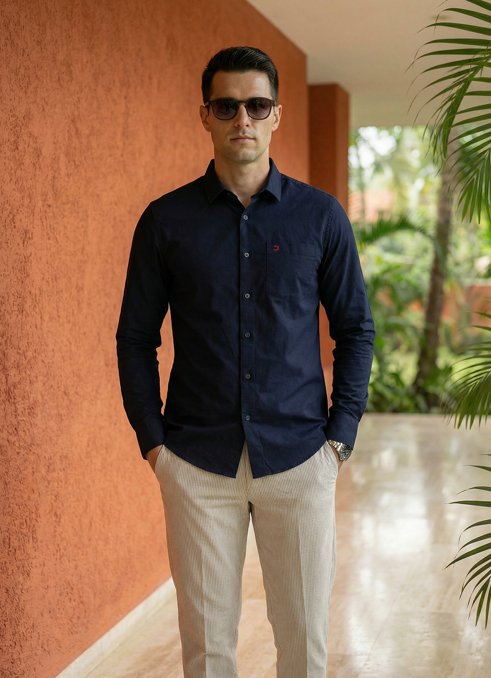 Navy Cotton Satin Print Slim Fit Full Sleeve Shirt