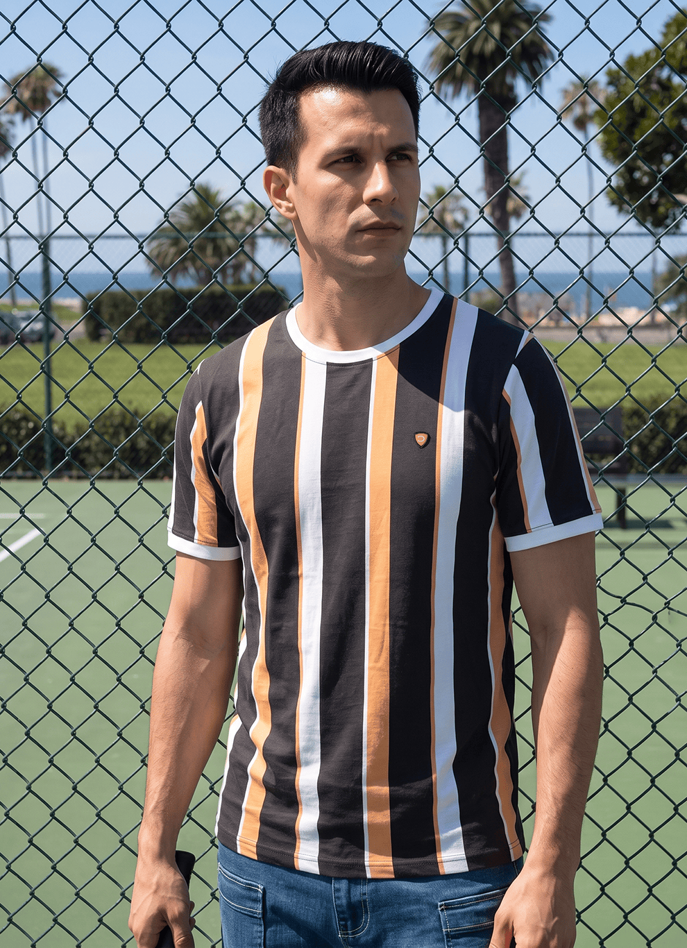 Black and Tan Stripe Cotton Regular Fit Tshirt