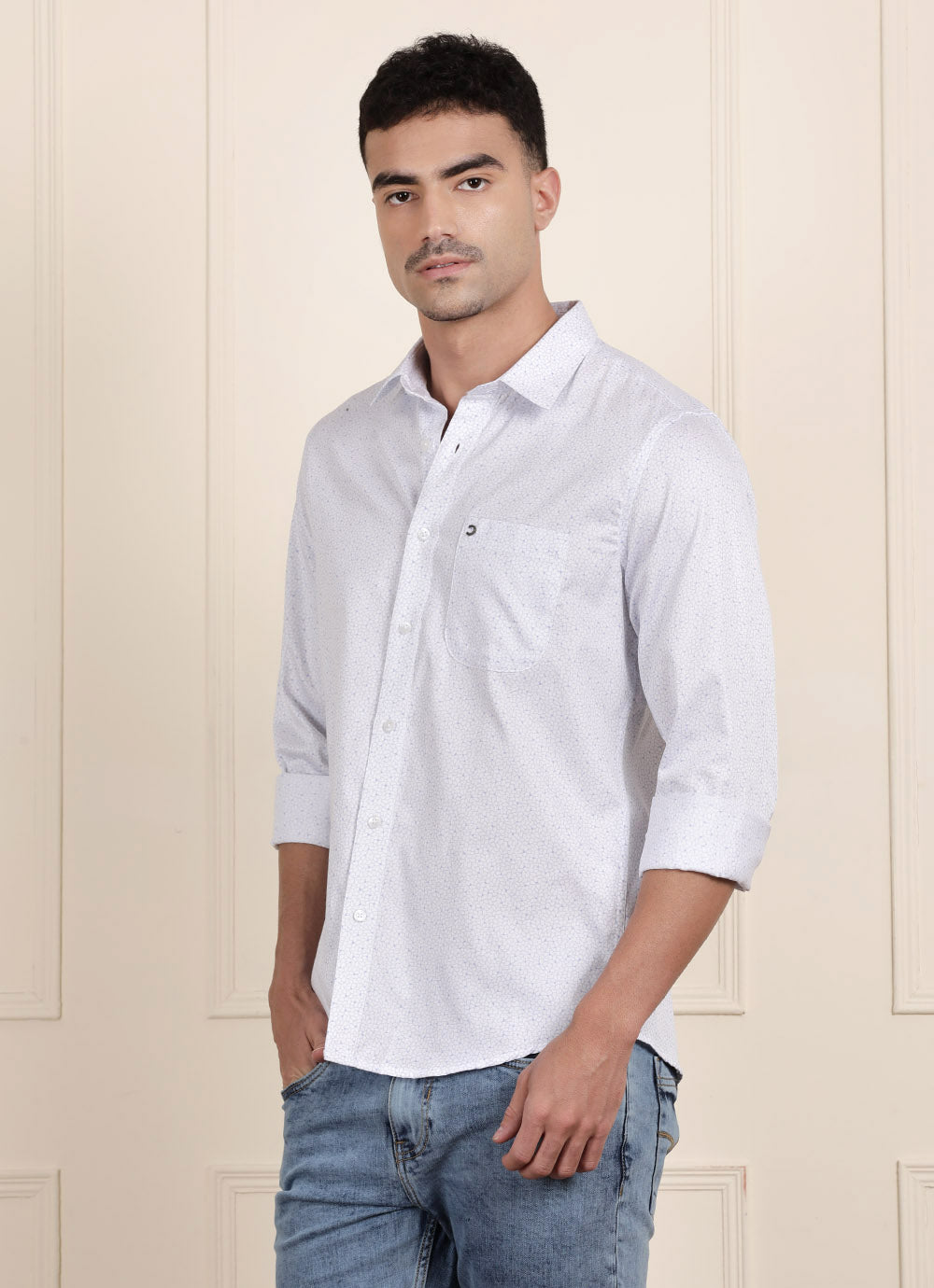 White Print Cotton Slim Fit Shirt