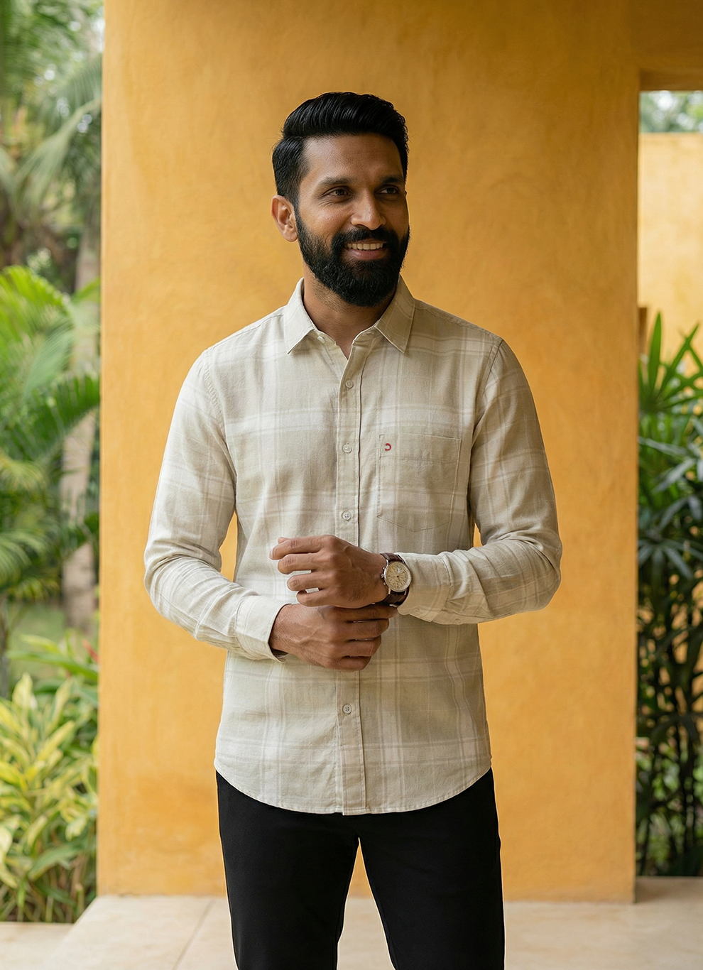 Beige Cotton Checks Slim Fit Full Sleeve Shirt