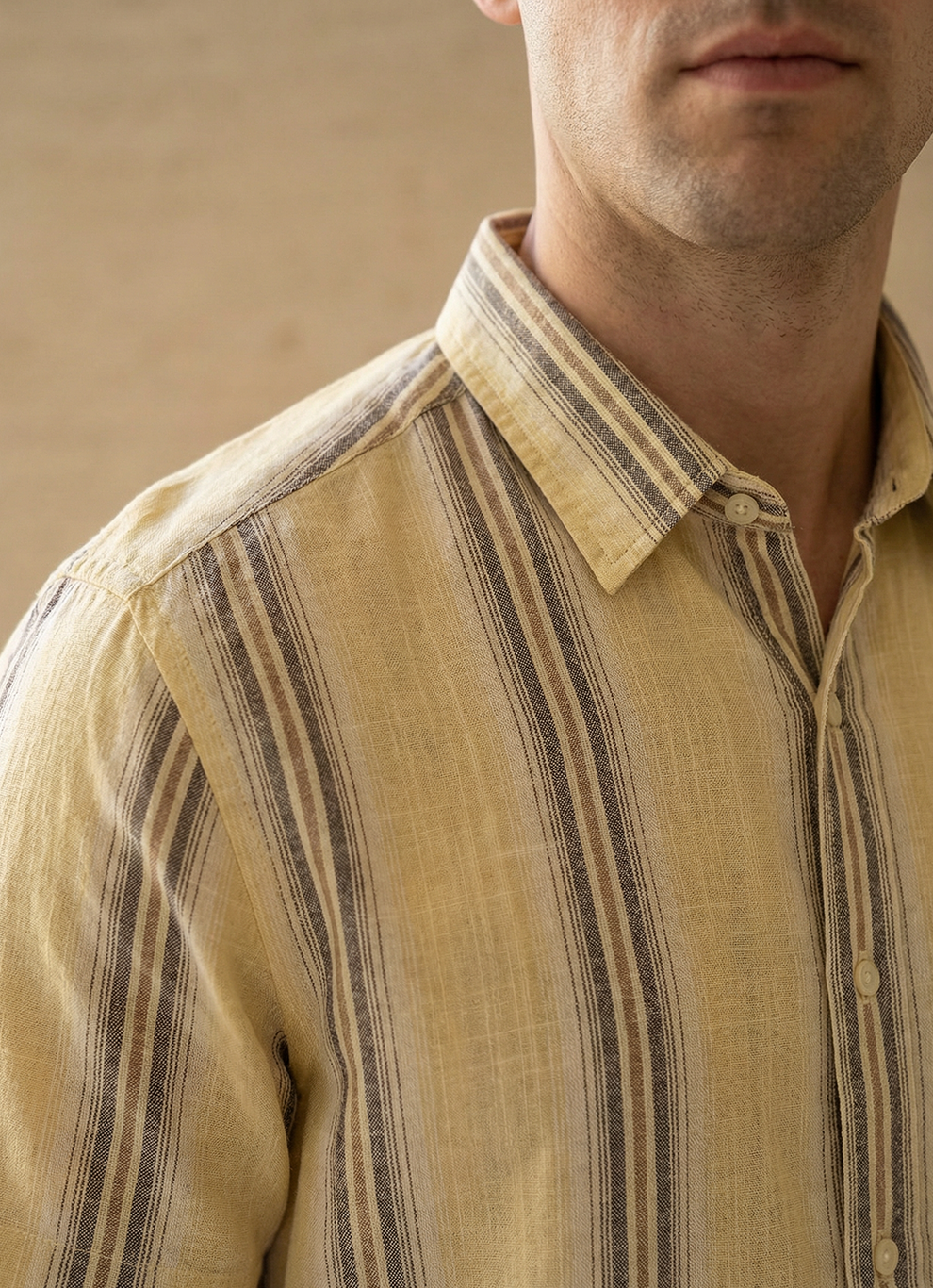 Yellow Cotton Stripes Slim Fit Half Sleeve Shirt